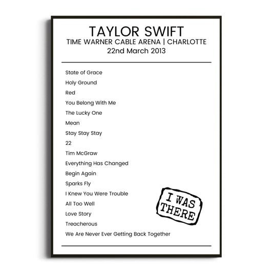 Taylor Swift Charlotte 22 March 2013 Setlist Poster