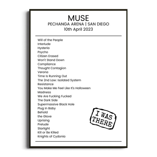 Muse San Diego 10 April 2023 Setlist Poster