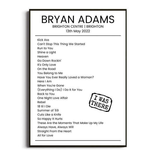 Bryan Adams Brighton 13 May 2022 Setlist Poster