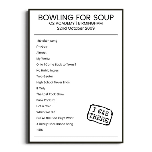 Bowling for Soup Birmingham 22 October 2009 Setlist Poster