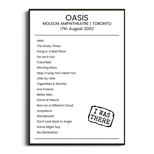 Oasis Toronto 17 August 2002 Setlist Poster