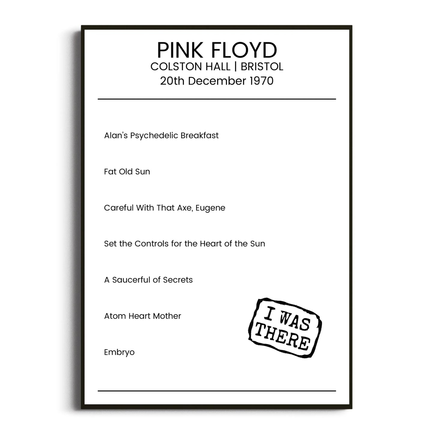 Pink Floyd Bristol 20 December 1970 Setlist Poster