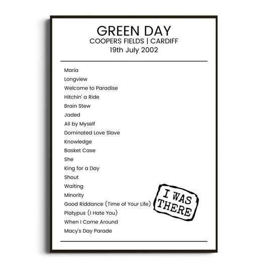 Green Day Cardiff 19 July 2002 Setlist Poster