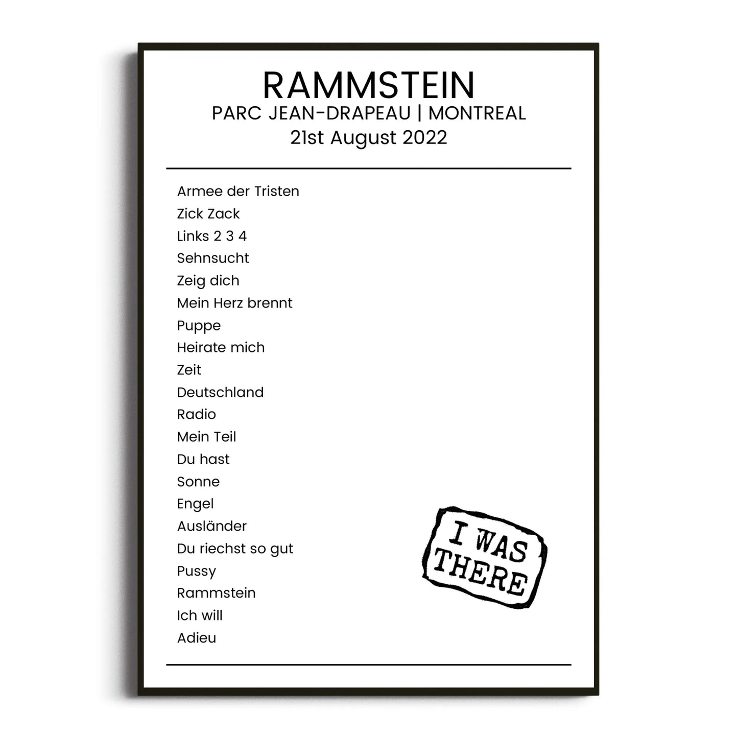 Rammstein Montreal 21 August 2022 Setlist Poster