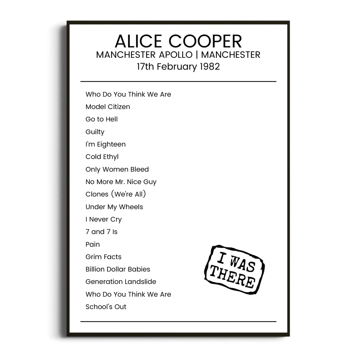 Alice Cooper Manchester 17 February 1982 Setlist Poster