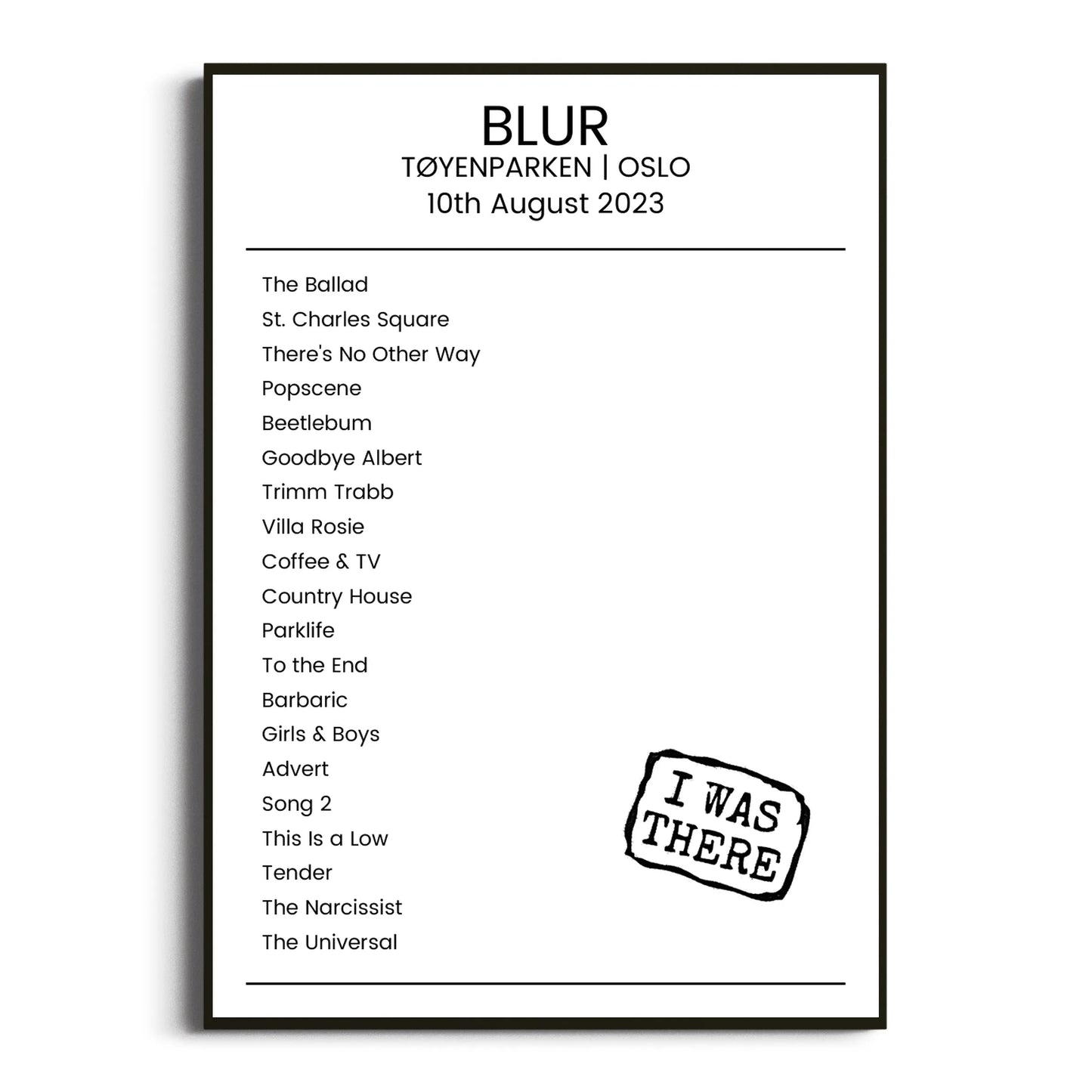 Blur Oslo 10 August 2023 Setlist Poster