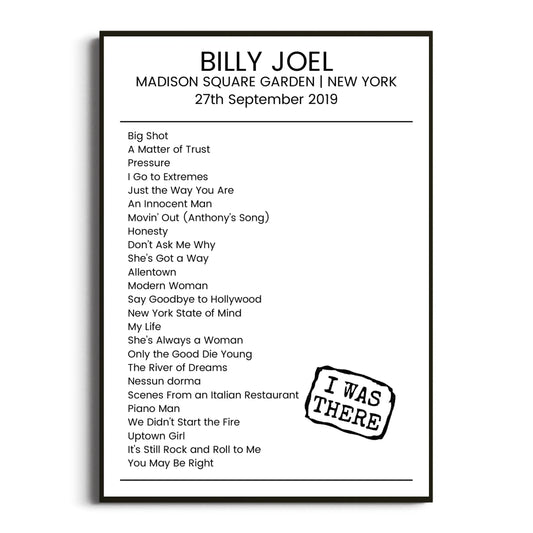 Billy Joel New York 27 September 2019 Setlist Poster