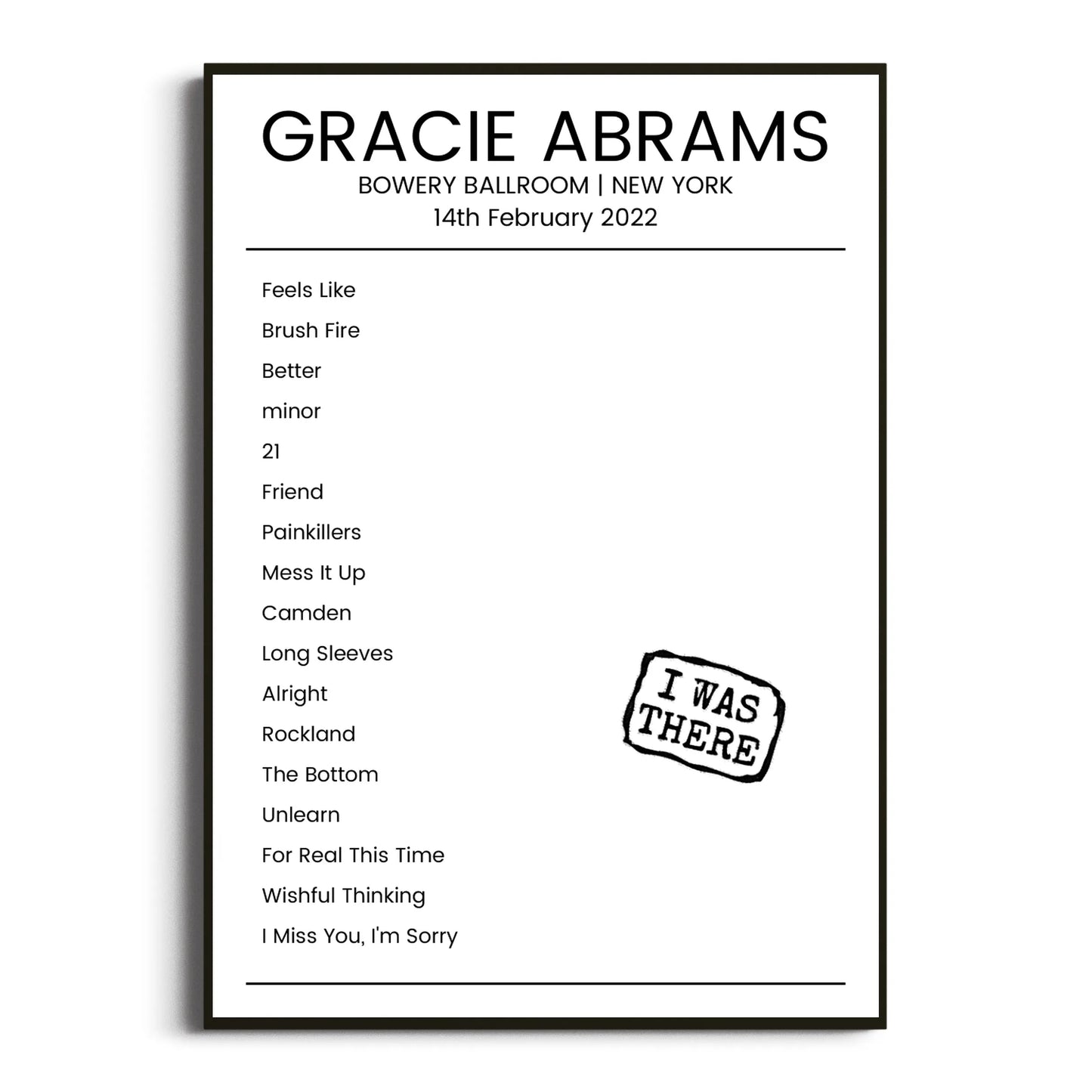 Gracie Abrams New York 14 February 2022 Setlist Poster