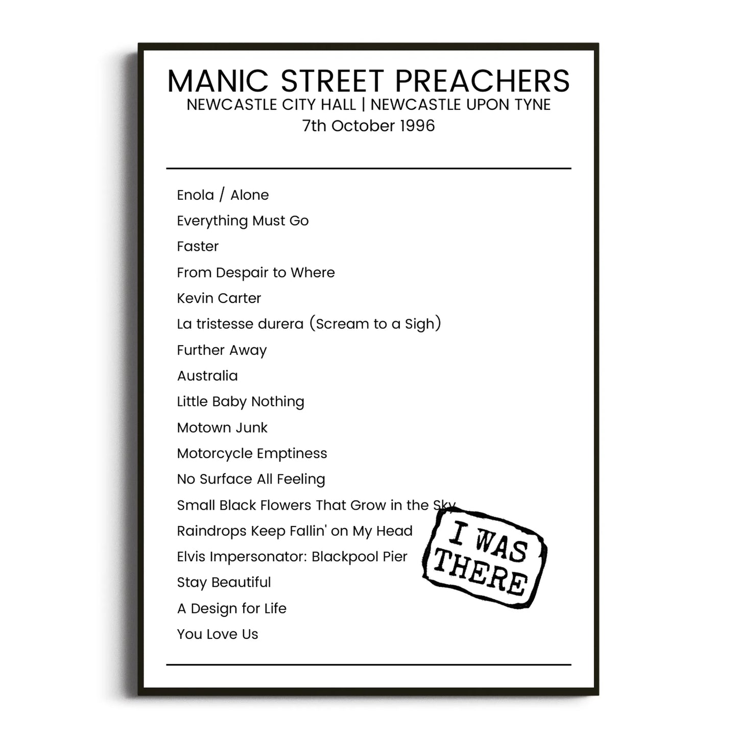 Manic Street Preachers Newcastle upon Tyne 07 October 1996 Setlist Poster