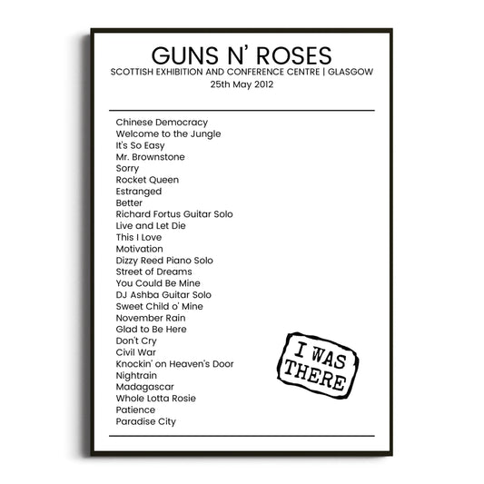 Guns N’ Roses Glasgow 25 May 2012 Setlist Poster