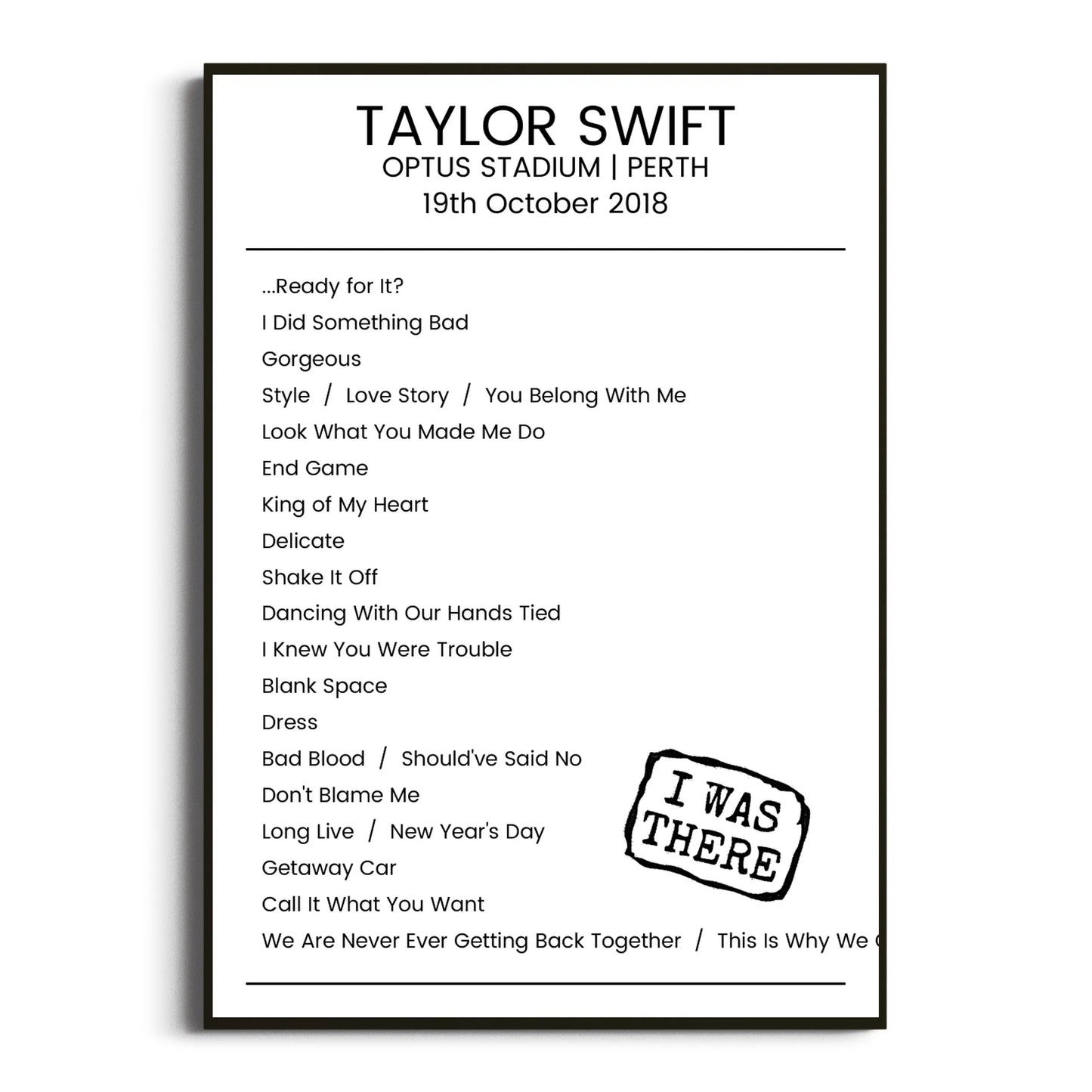 Taylor Swift Perth 19 October 2018 Setlist Poster