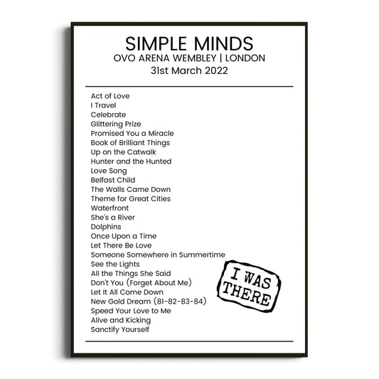 Simple Minds London 31 March 2022 Setlist Poster