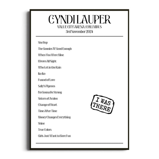 Cyndi Lauper Columbus 03 November 2024 Setlist Poster