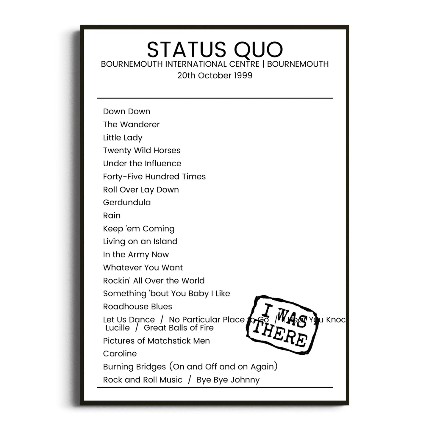 Status Quo Bournemouth 20 October 1999 Setlist Poster