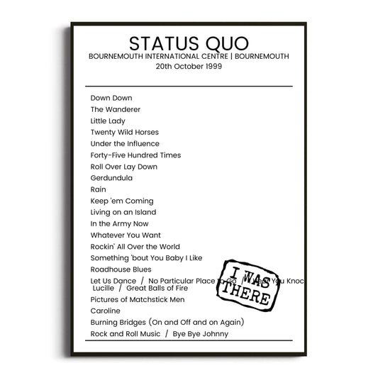 Status Quo Bournemouth 20 October 1999 Setlist Poster