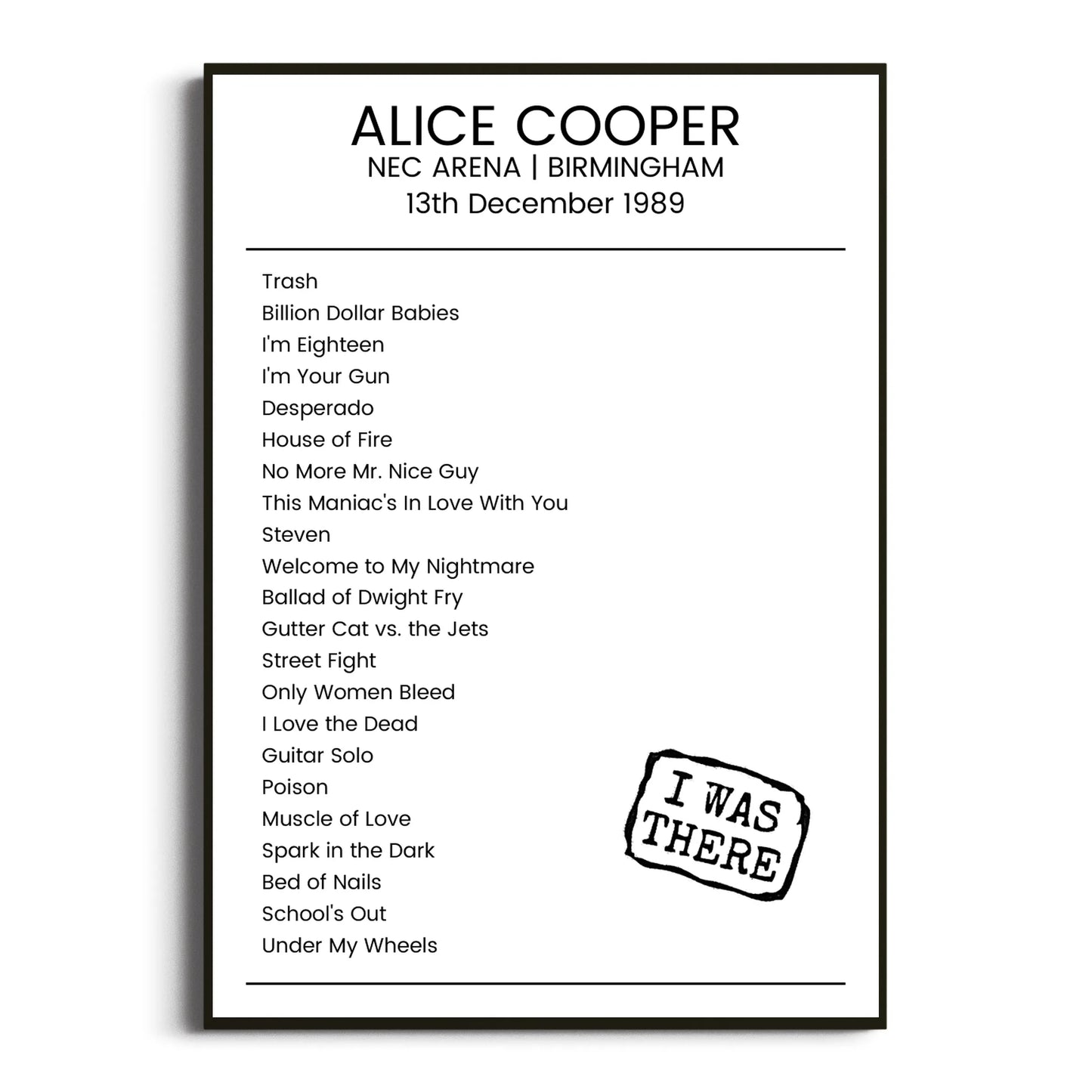 Alice Cooper Birmingham 13 December 1989 Setlist Poster