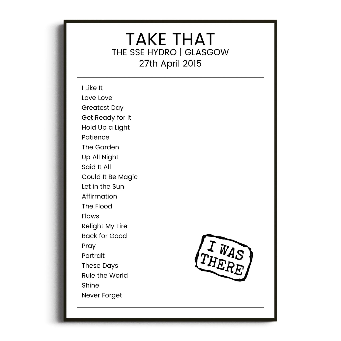 Take That Glasgow 27 April 2015 Setlist Poster