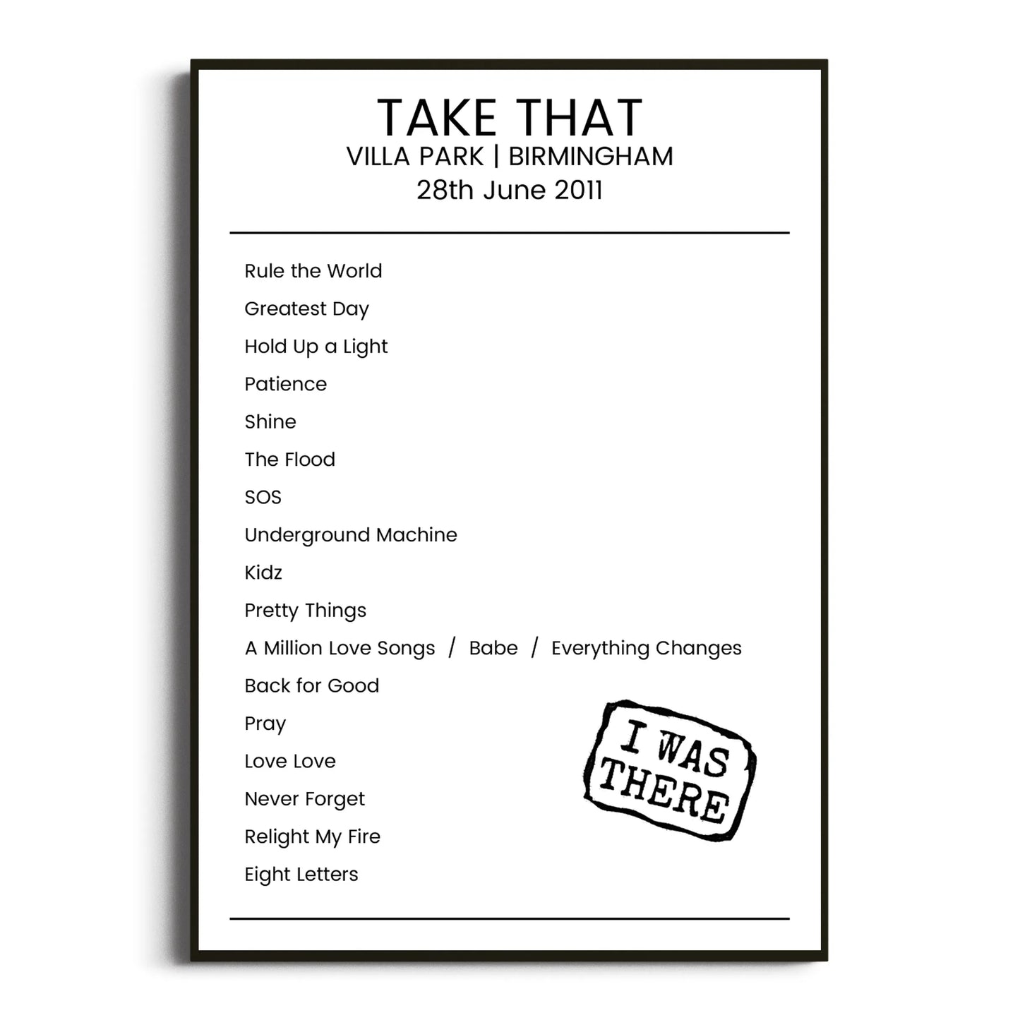 Take That Birmingham 28 June 2011 Setlist Poster