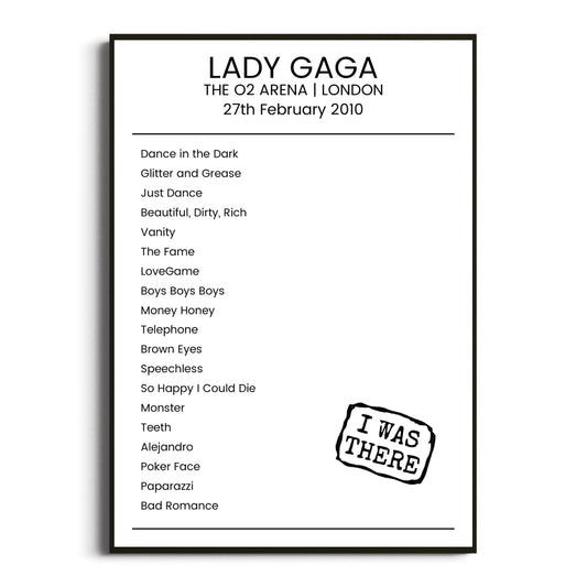 Lady Gaga London 27 February 2010 Setlist Poster