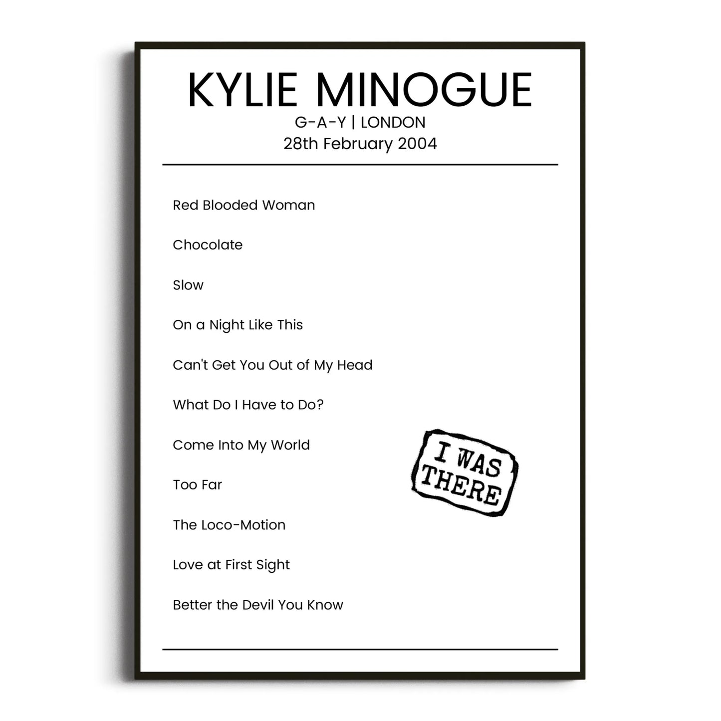 Kylie Minogue London 28 February 2004 Setlist Poster