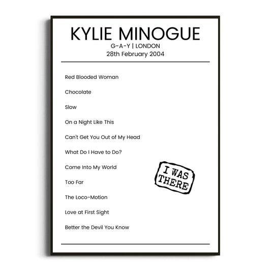 Kylie Minogue London 28 February 2004 Setlist Poster