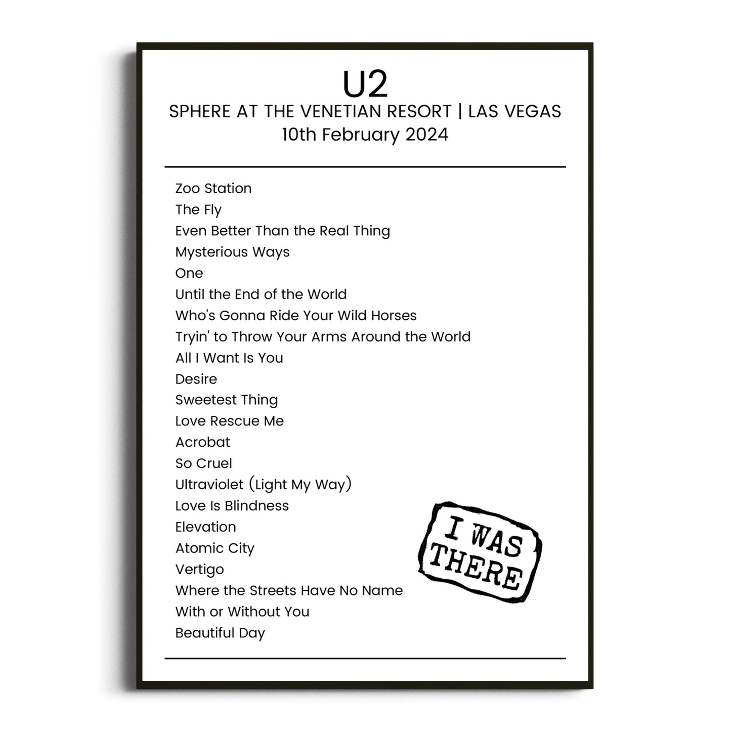 U2 Las Vegas 10 February 2024 Setlist Poster