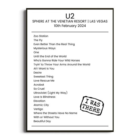 U2 Las Vegas 10 February 2024 Setlist Poster