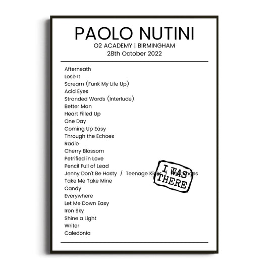 Paolo Nutini Birmingham 28 October 2022 Setlist Poster