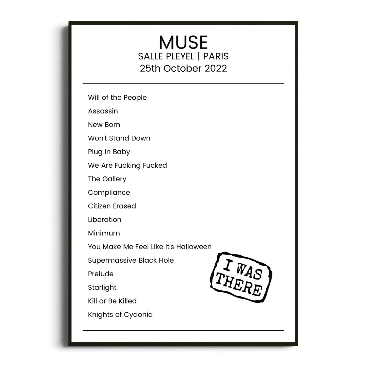 Muse Paris 25 October 2022 Setlist Poster