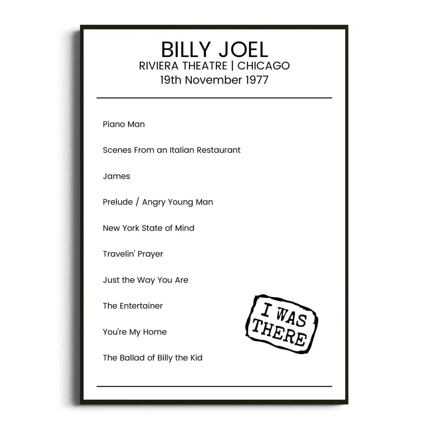 Billy Joel Chicago 19 November 1977 Setlist Poster