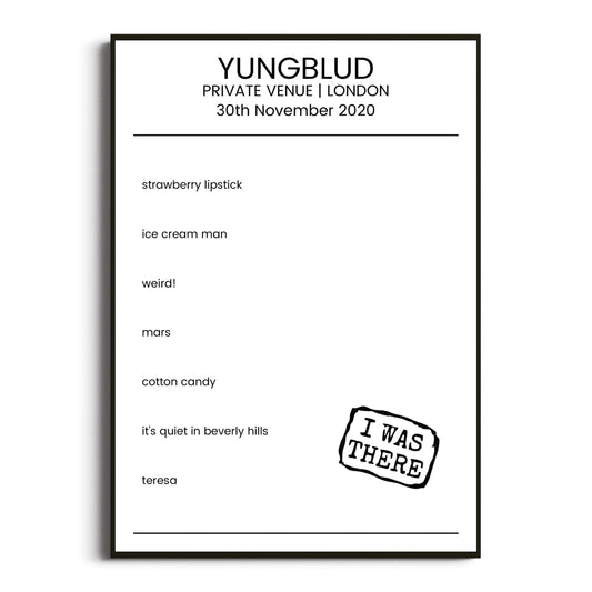 YUNGBLUD London 30 November 2020 Setlist Poster