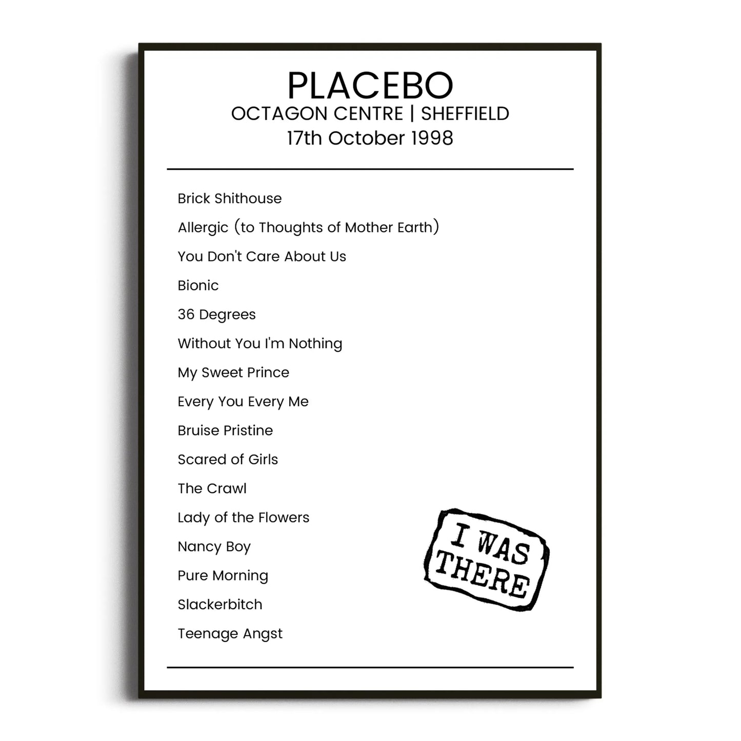 Placebo Sheffield 17 October 1998 Setlist Poster