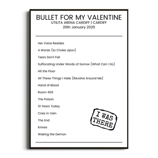 Bullet for My Valentine Cardiff 26 January 2025 Setlist Poster