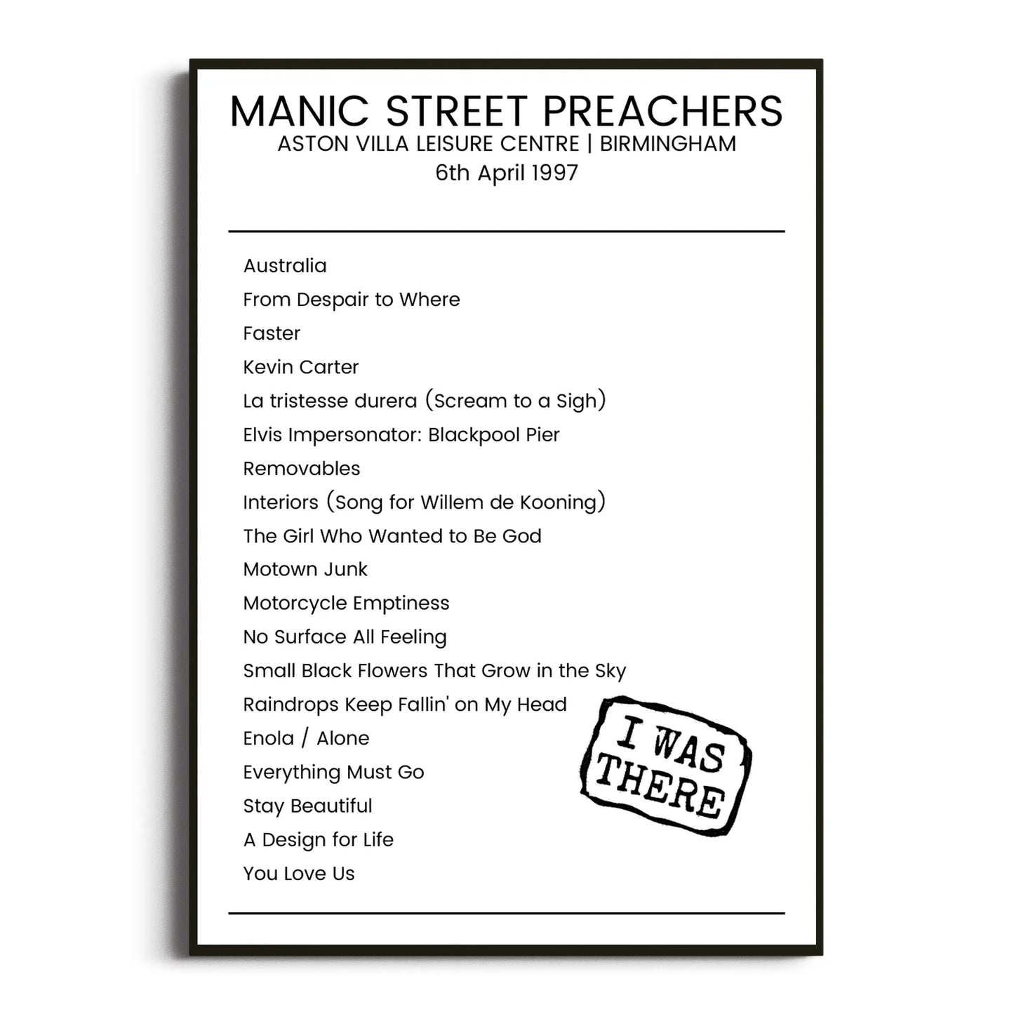 Manic Street Preachers Birmingham 06 April 1997 Setlist Poster