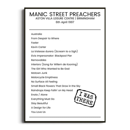 Manic Street Preachers Birmingham 06 April 1997 Setlist Poster