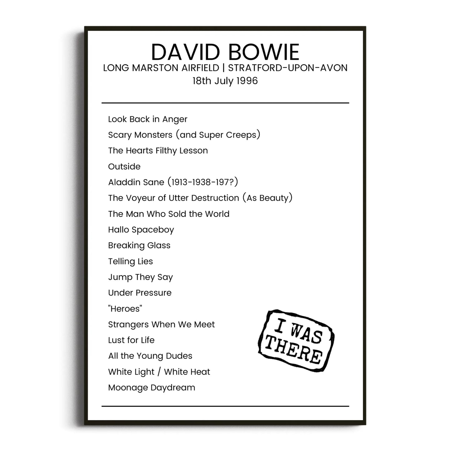 David Bowie Stratford-upon-Avon 18 July 1996 Setlist Poster