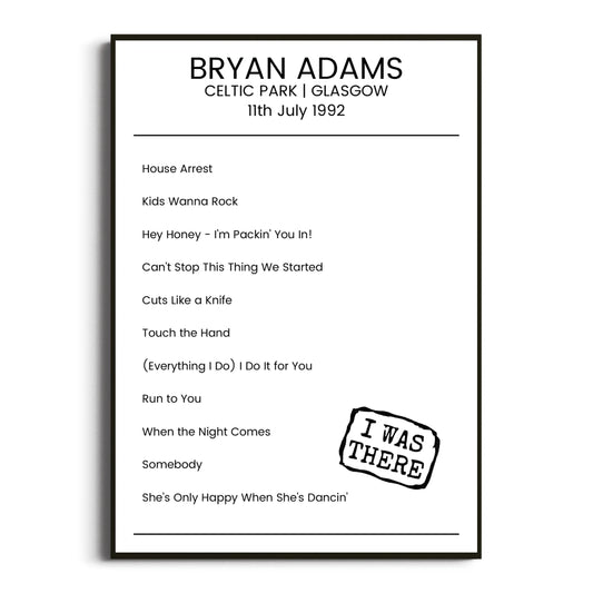 Bryan Adams Glasgow 11 July 1992 Setlist Poster