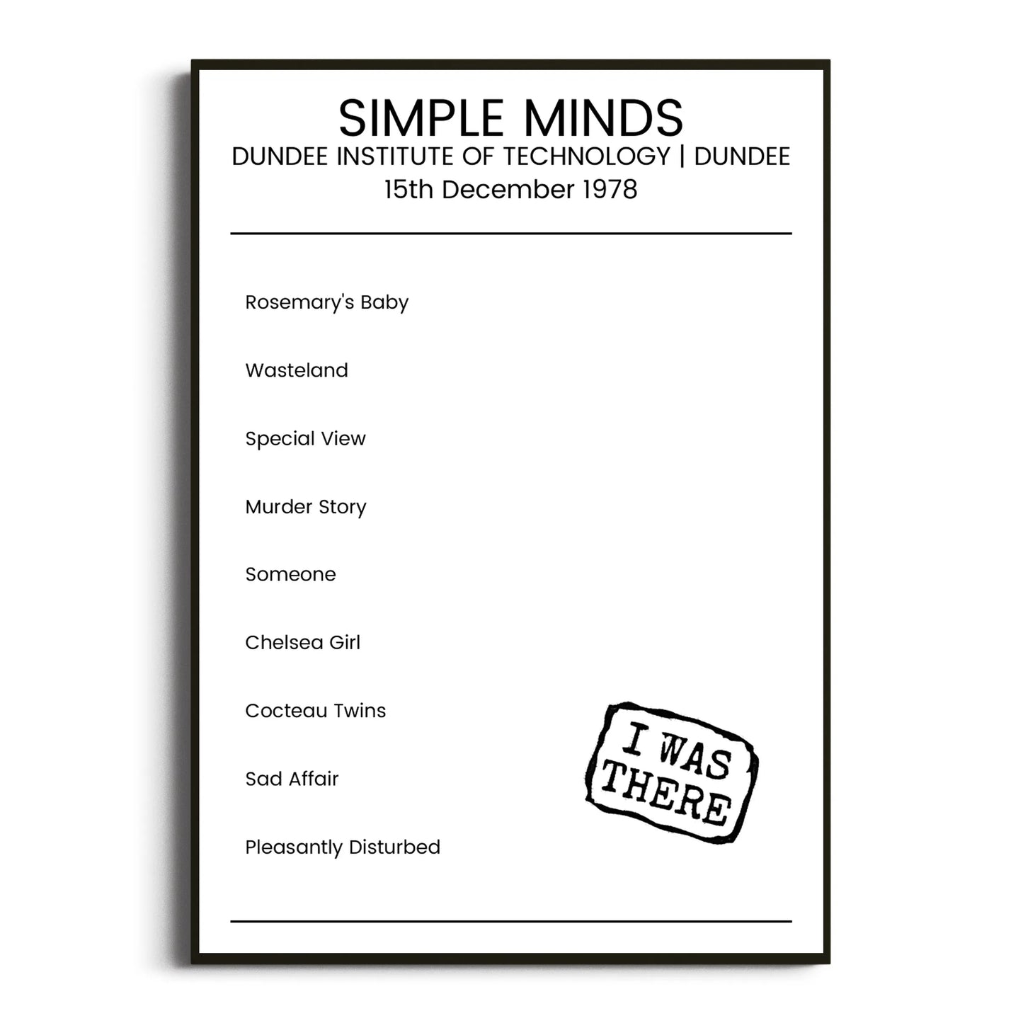 Simple Minds Dundee 15 December 1978 Setlist Poster