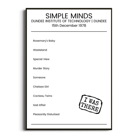 Simple Minds Dundee 15 December 1978 Setlist Poster