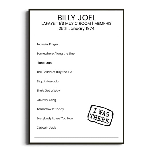 Billy Joel Memphis 25 January 1974 Setlist Poster