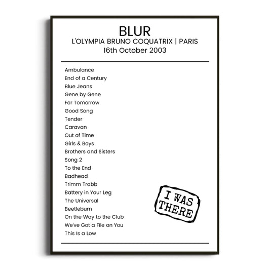 Blur Paris 16 October 2003 Setlist Poster