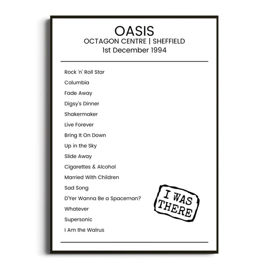 Oasis Sheffield 01 December 1994 Setlist Poster