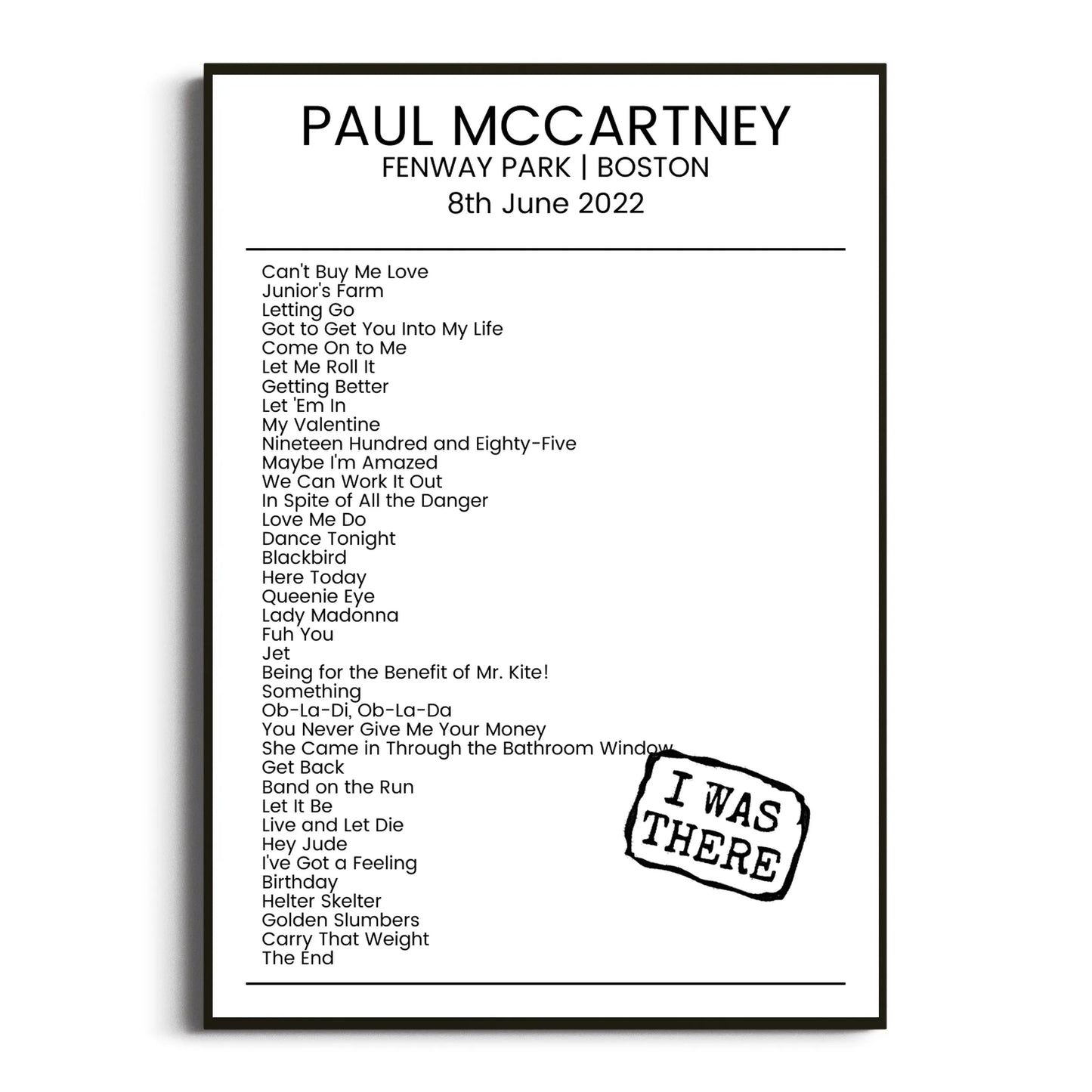 Paul McCartney Boston 08 June 2022 Setlist Poster