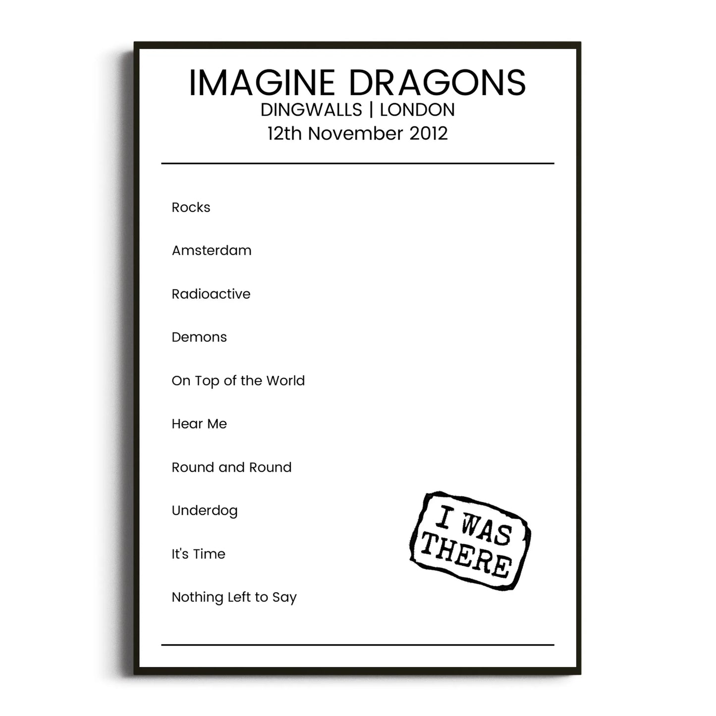 Imagine Dragons London 12 November 2012 Setlist Poster