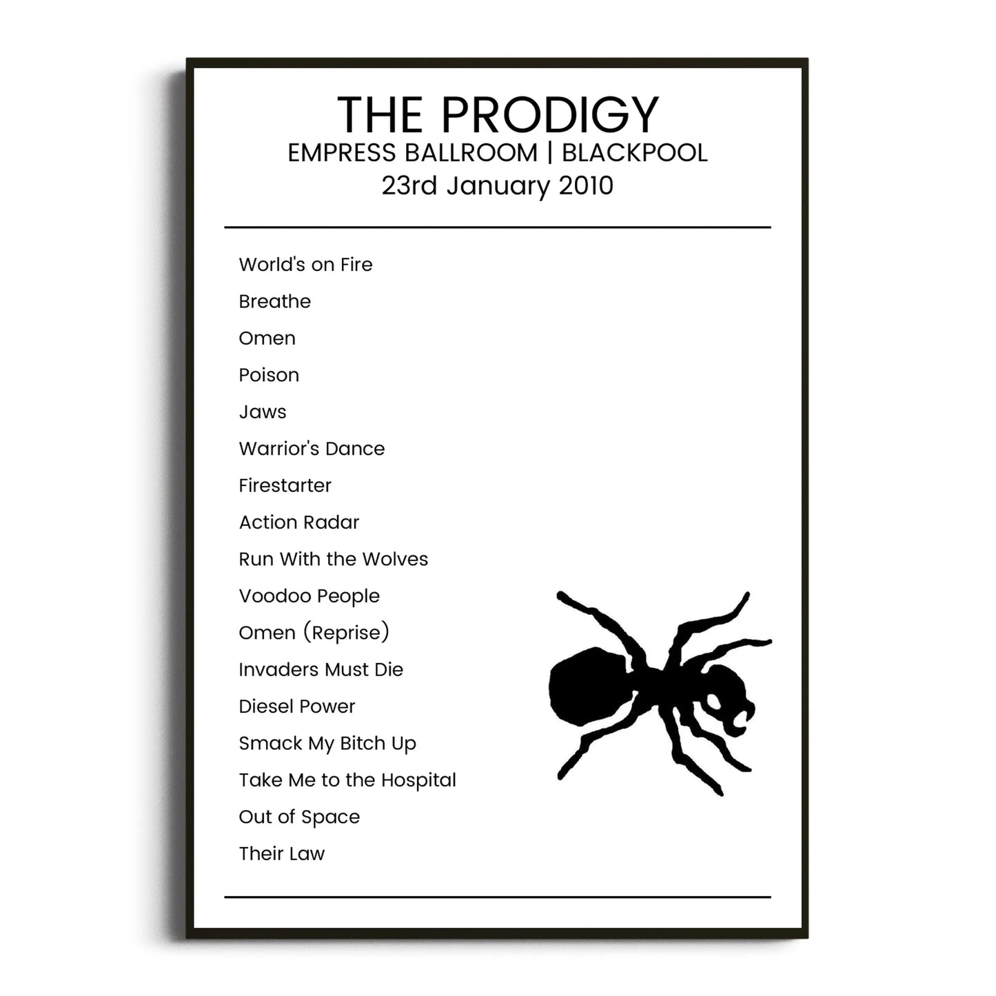 The Prodigy Blackpool 23 January 2010 Setlist Poster