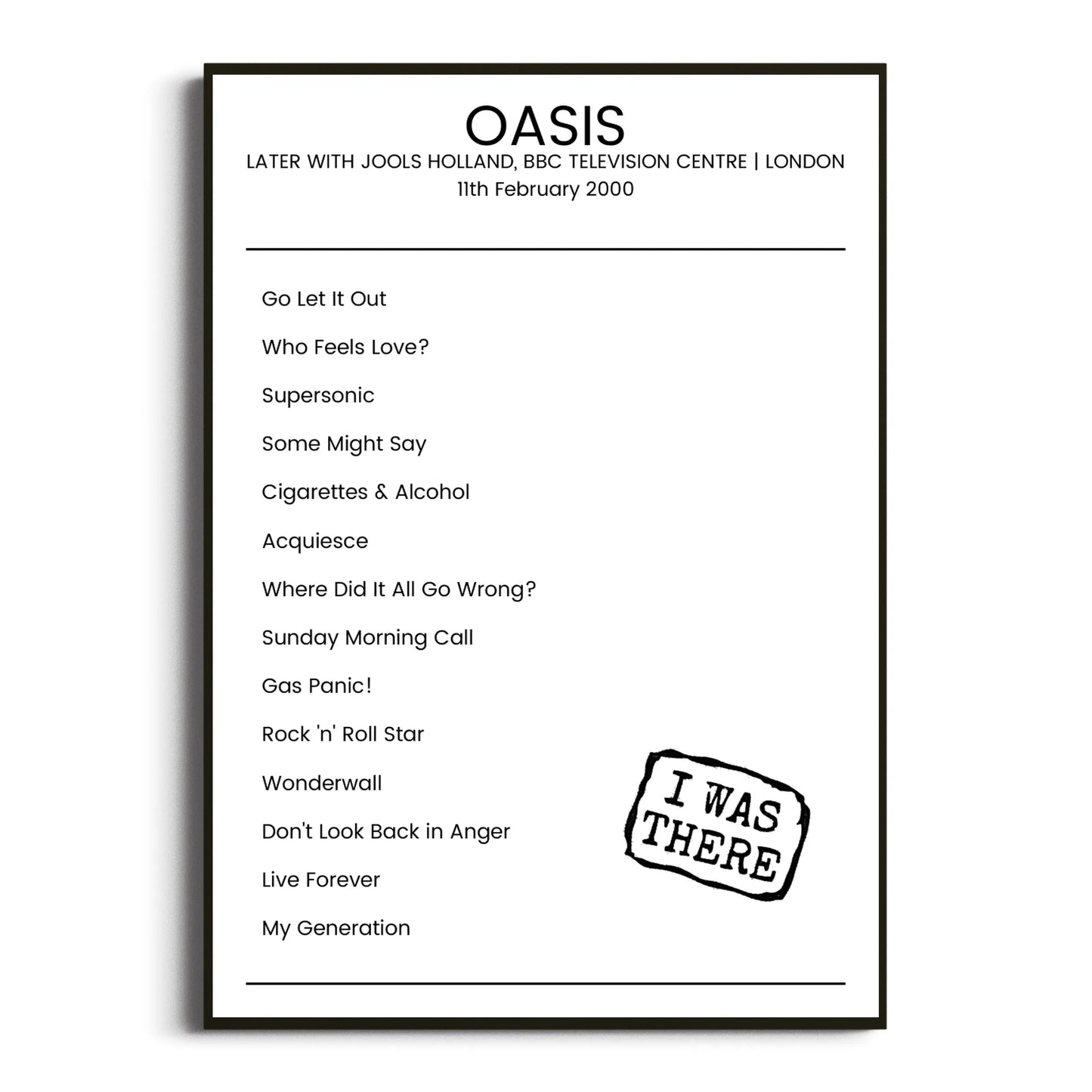 Oasis London 11 February 2000 Setlist Poster