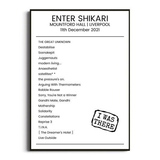 Enter Shikari Liverpool 11 December 2021 Setlist Poster