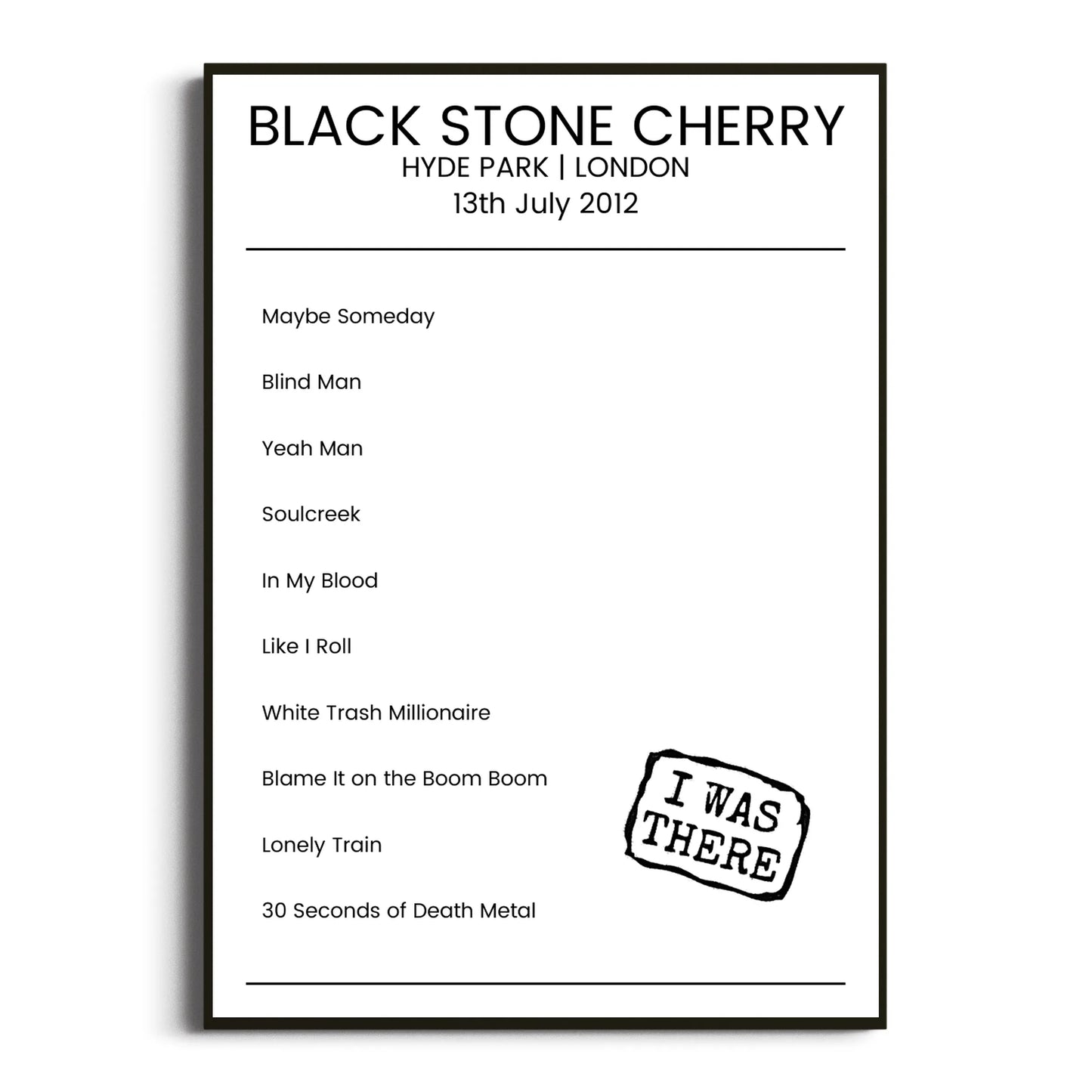 Black Stone Cherry London 13 July 2012 Setlist Poster