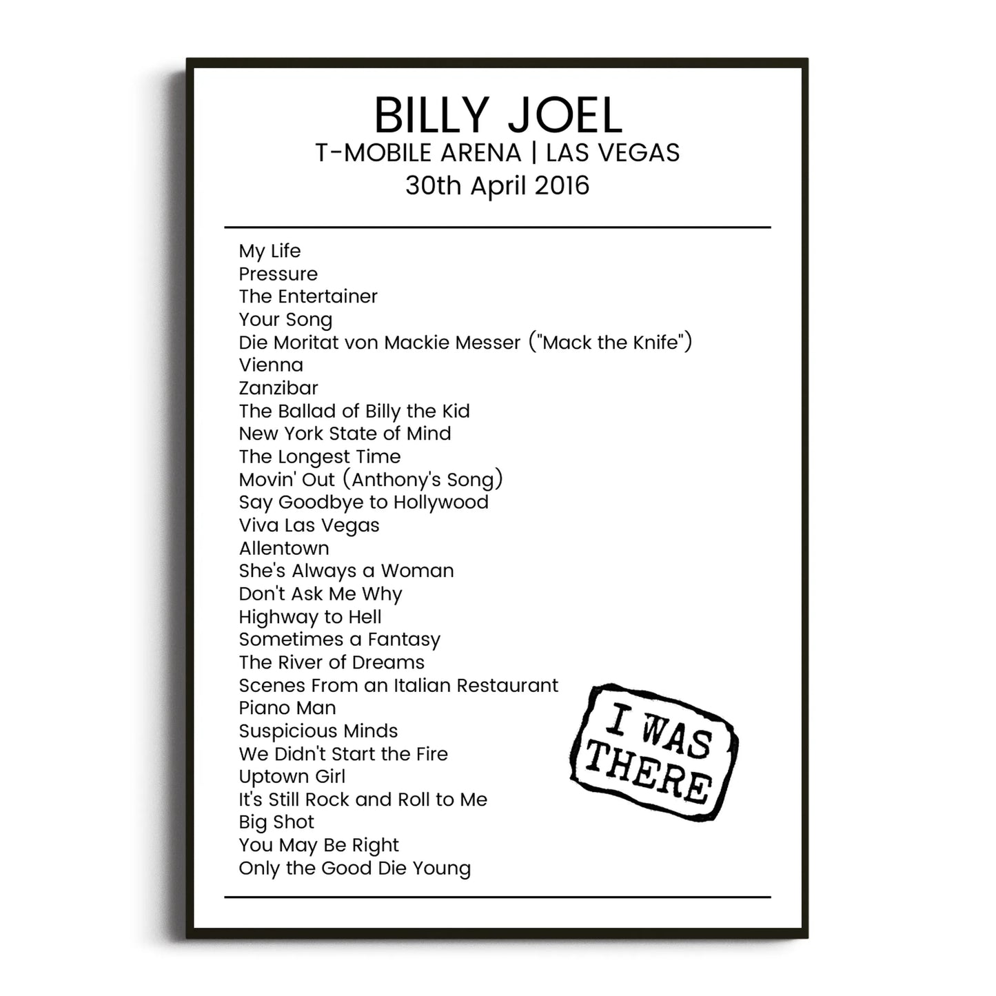 Billy Joel Las Vegas 30 April 2016 Setlist Poster