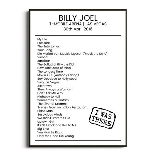 Billy Joel Las Vegas 30 April 2016 Setlist Poster